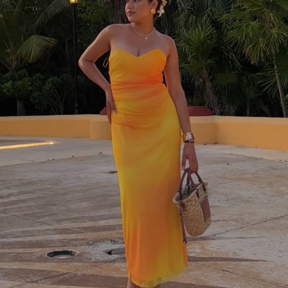 Zara NWT yellow orange tie dye printed tulle midi draped ruched sweetheart dress - Picture 7 of 15